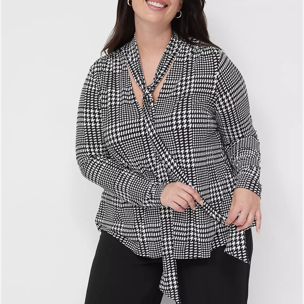 Lane Bryant‎ Black White Preppy Houndstooth Long Sleeve Flowy Blouse Size 22 24